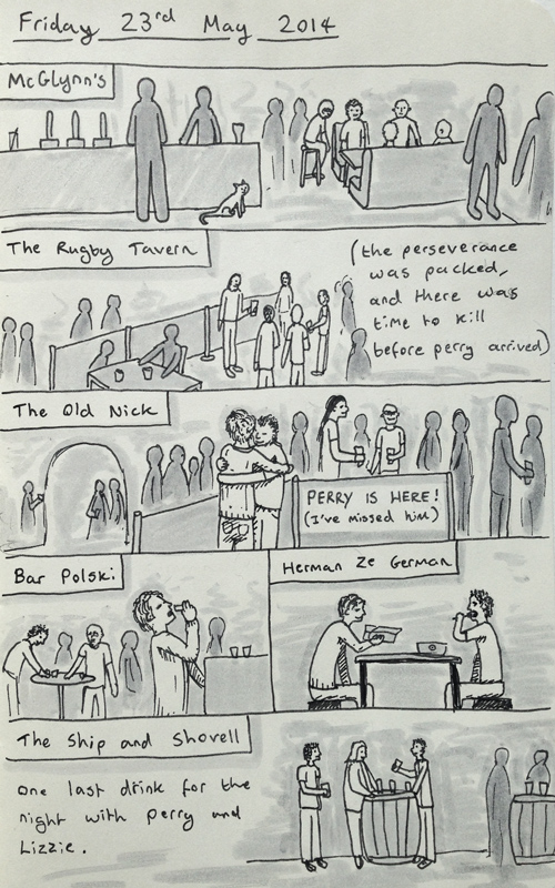 A diary entry on pubs, Perry, and sausage